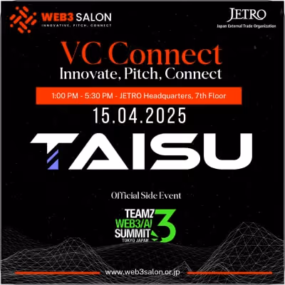 VC Connectイベントの告知ポスター、日時は2025年4月15日、場所はJETRO本部7階、メインスポンサーはTAISU。