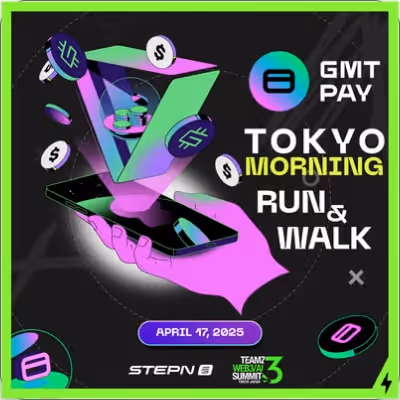 未来的な手がスマートフォンから3Dトークンを取り出し、GMT PAY提供の東京モーニングラン＆ウォークイベントを2025年4月17日に告知。