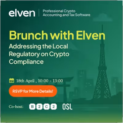 Brunch with Elven event on April 18 from 10:00 to 13:00 about addressing local regulatory crypto compliance with logos of co-hosts B2C2 and OSL.