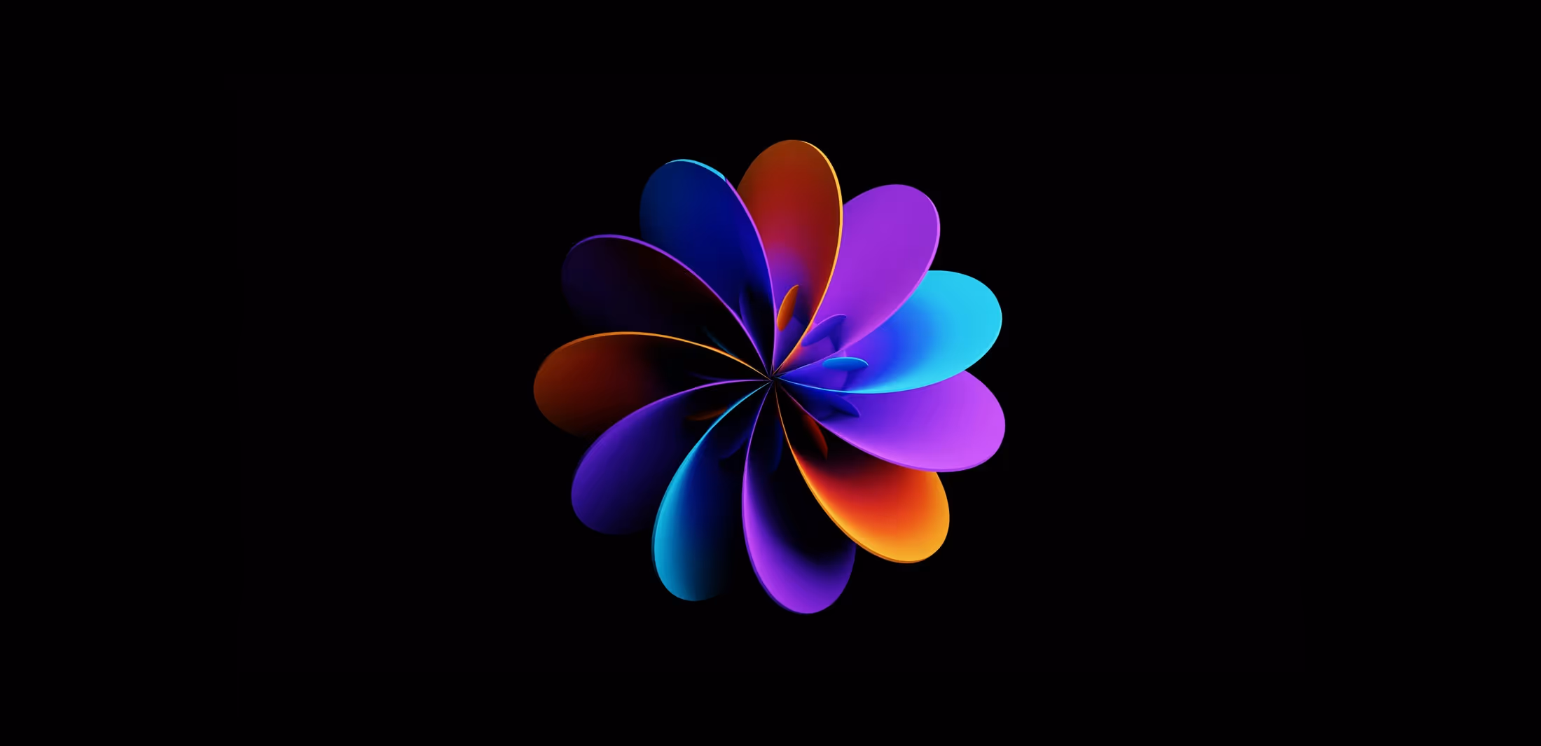 黒い背景に多彩な青、紫、オレンジ色の花びらが放射状に広がる抽象的な花のデザイン。