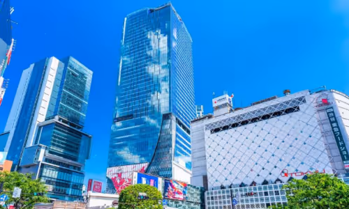 青空の下にそびえる渋谷の高層ビル群と街路樹。