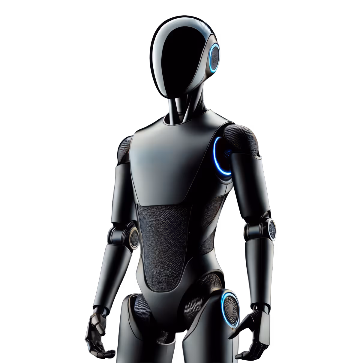 光沢のある黒い表面と青い光のアクセントがある未来的なヒューマノイドロボット。