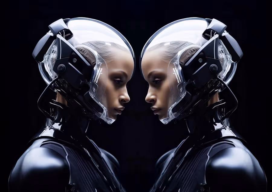 透明なヘルメットをかぶり、未来的な黒いボディスーツを着た女性型ロボットが向かい合っている。