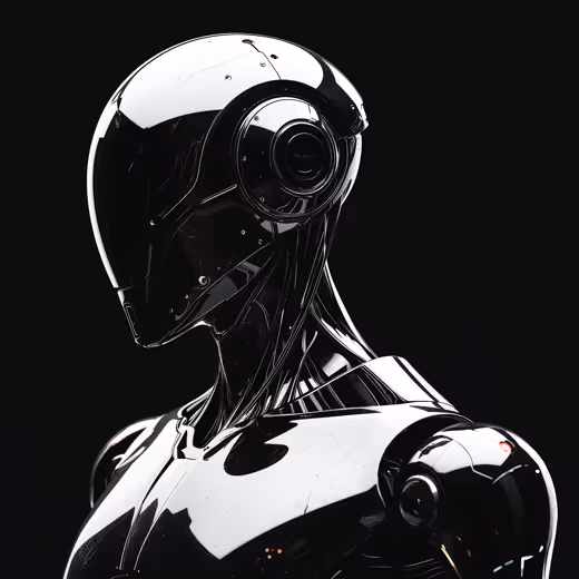 黒い背景の前に立つ滑らかで未来的な光沢のある黒いロボットの横顔。