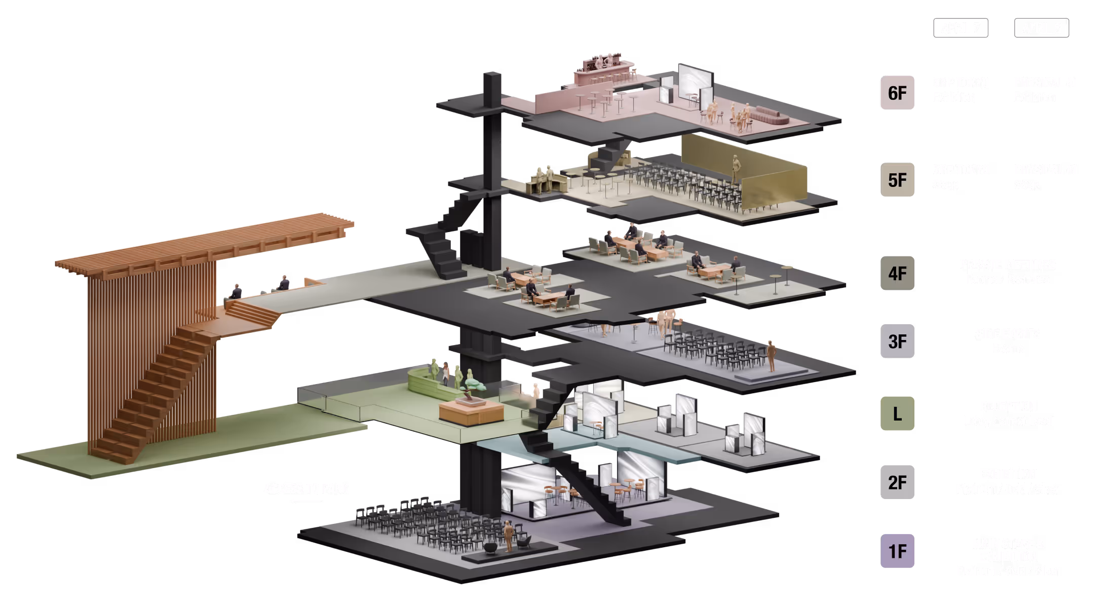 XRP TOKYO会場の六階建ての断面図で、各階の用途が示されている。6階は展示会、5階はステージ、4階はプライベートミーティングと休憩スペース、3階はサイドイベントの部屋、ロビー階は受付と屋外公園へのアクセス、2階は展示スペース、1階はメインステージと展示がある。