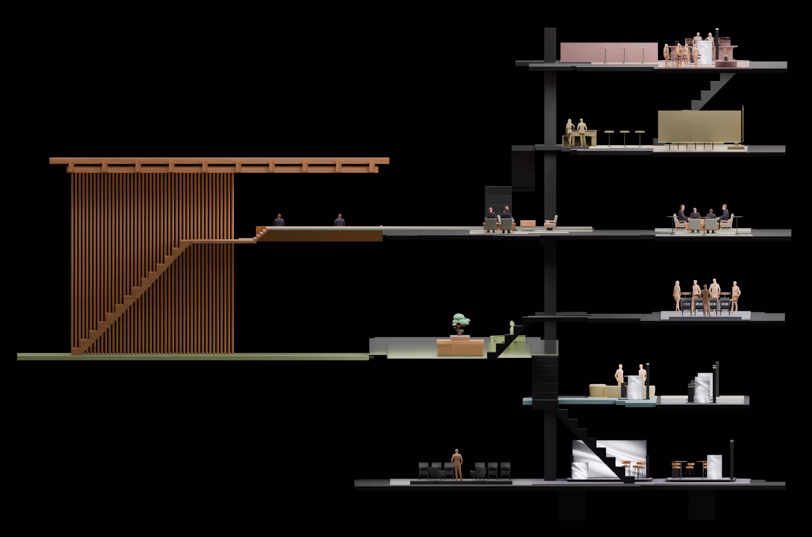 複数階層の建築断面図、階ごとに異なる活動をする人形が配置されている。