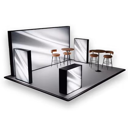 モダンな光沢のある壁に囲まれたバーエリア、木製の丸テーブルとスツールが配置されている。