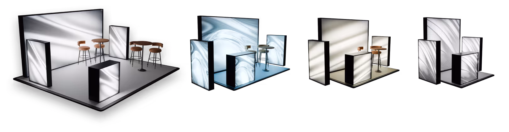 照明された抽象的な黒と白のパネルで囲まれ、木製の高い椅子が配置された展示ブースのセット。