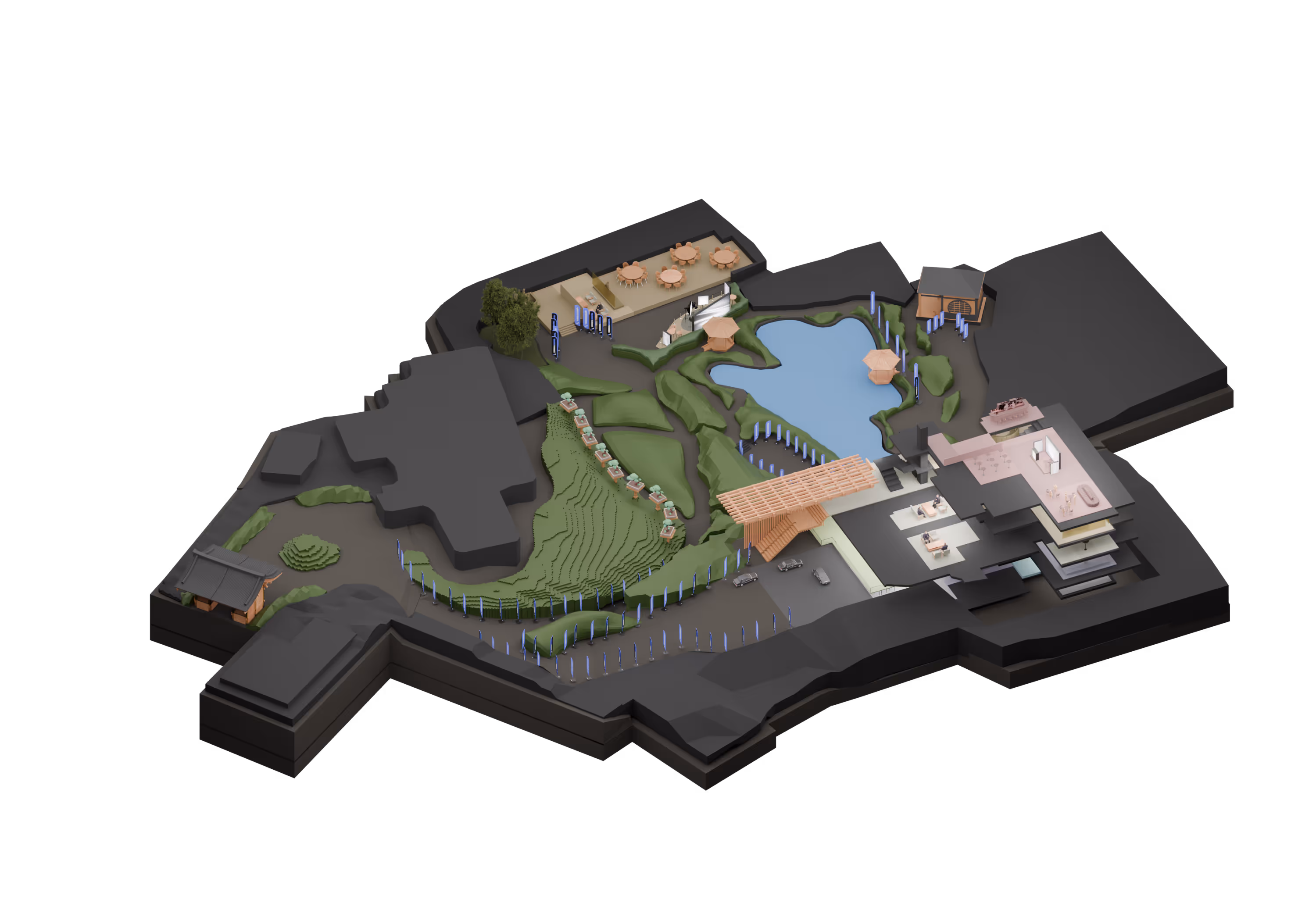 建築模型の俯瞰図で、土地の起伏や池、テラス席、木製の橋が描かれている。