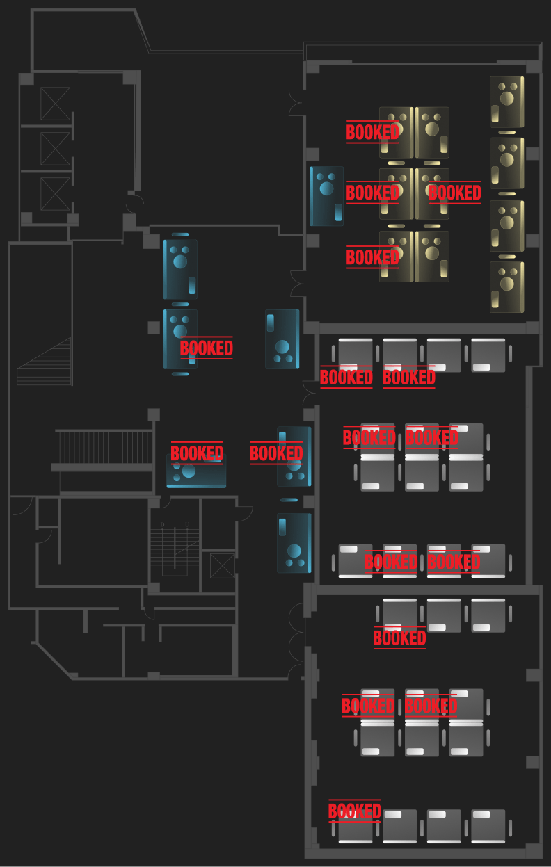 複数の部屋とテーブルがある建物のフロアプラン、一部のテーブルに赤い『BOOKED』のラベルが付いている。