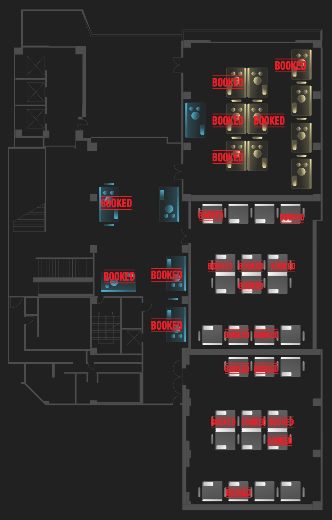 複数の部屋とテーブルがある建物のフロアプラン、一部のテーブルに赤い『BOOKED』のラベルが付いている。