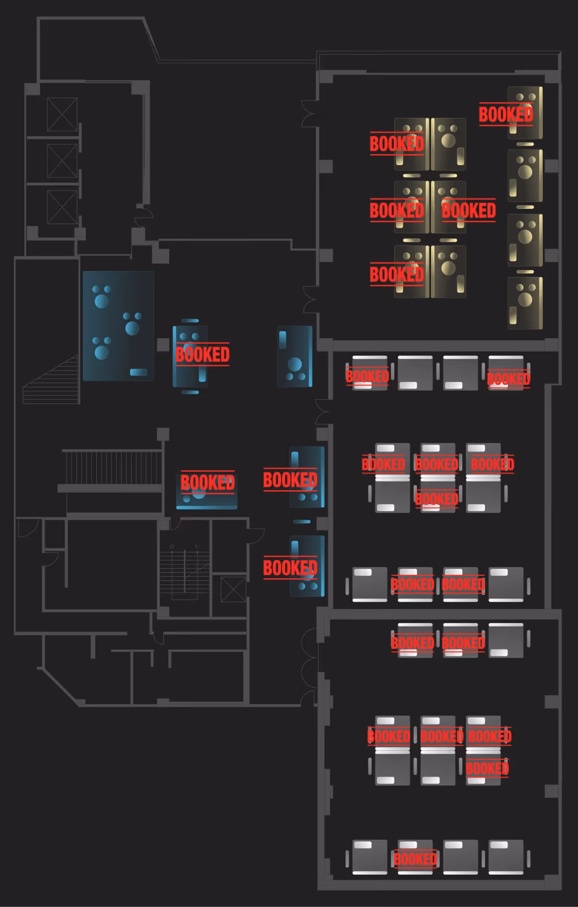 複数の部屋とテーブルがある建物のフロアプラン、一部のテーブルに赤い『BOOKED』のラベルが付いている。
