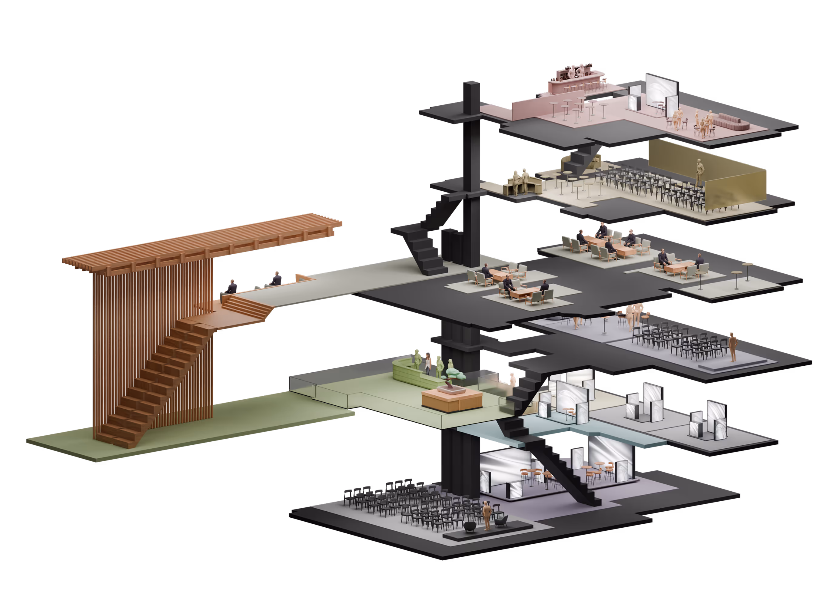 複数の階層と階段があるモダンな建築の断面図、会議室やカフェスペース、展示スペースが配置されている。