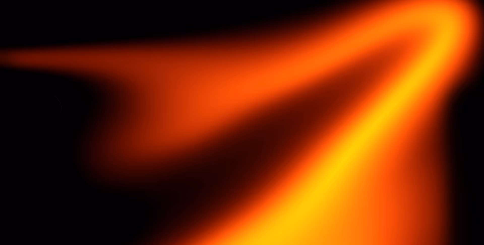 黒い背景にオレンジから黄色へのグラデーションの曲線が描かれた抽象的な光の模様。