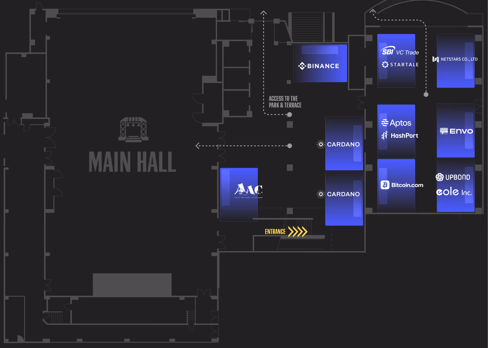 青と黒で色分けされた部屋配置図、いくつかの部屋に赤い文字で「BOOKED」と表示されている。