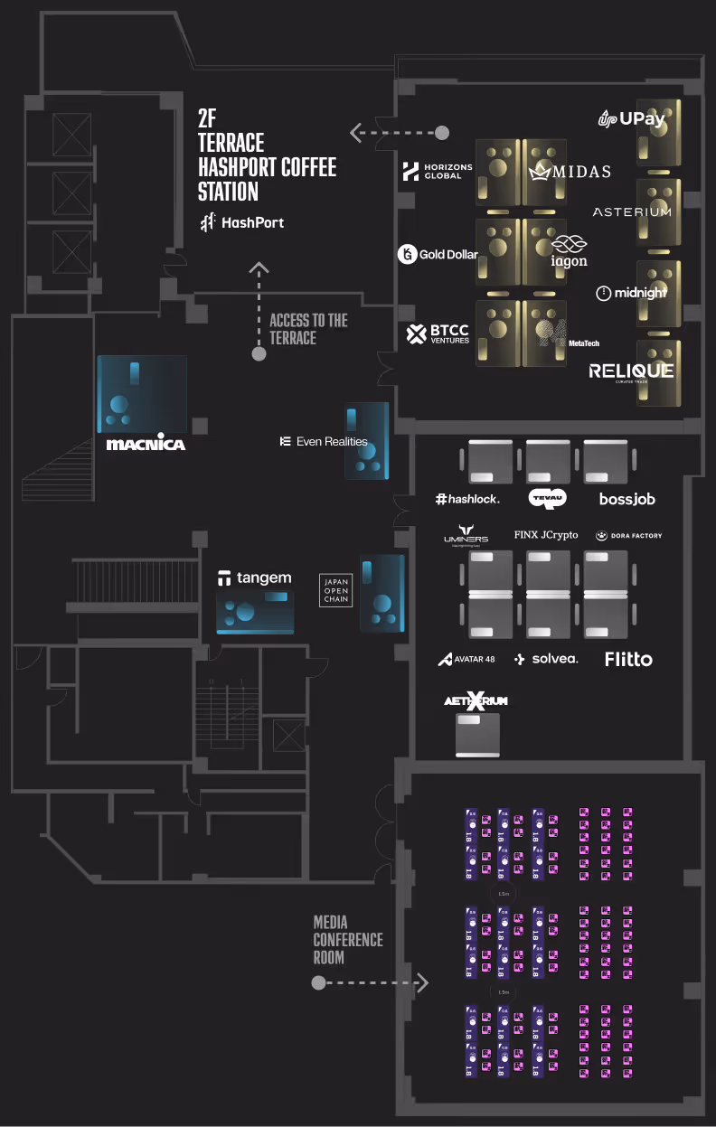 複数の部屋とテーブルがある建物のフロアプラン、一部のテーブルに赤い『BOOKED』のラベルが付いている。