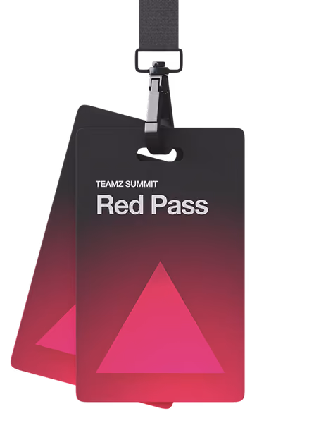 ID badge with lanyard reading 'TEAMZ SUMMIT Red Pass' and a red triangle design.