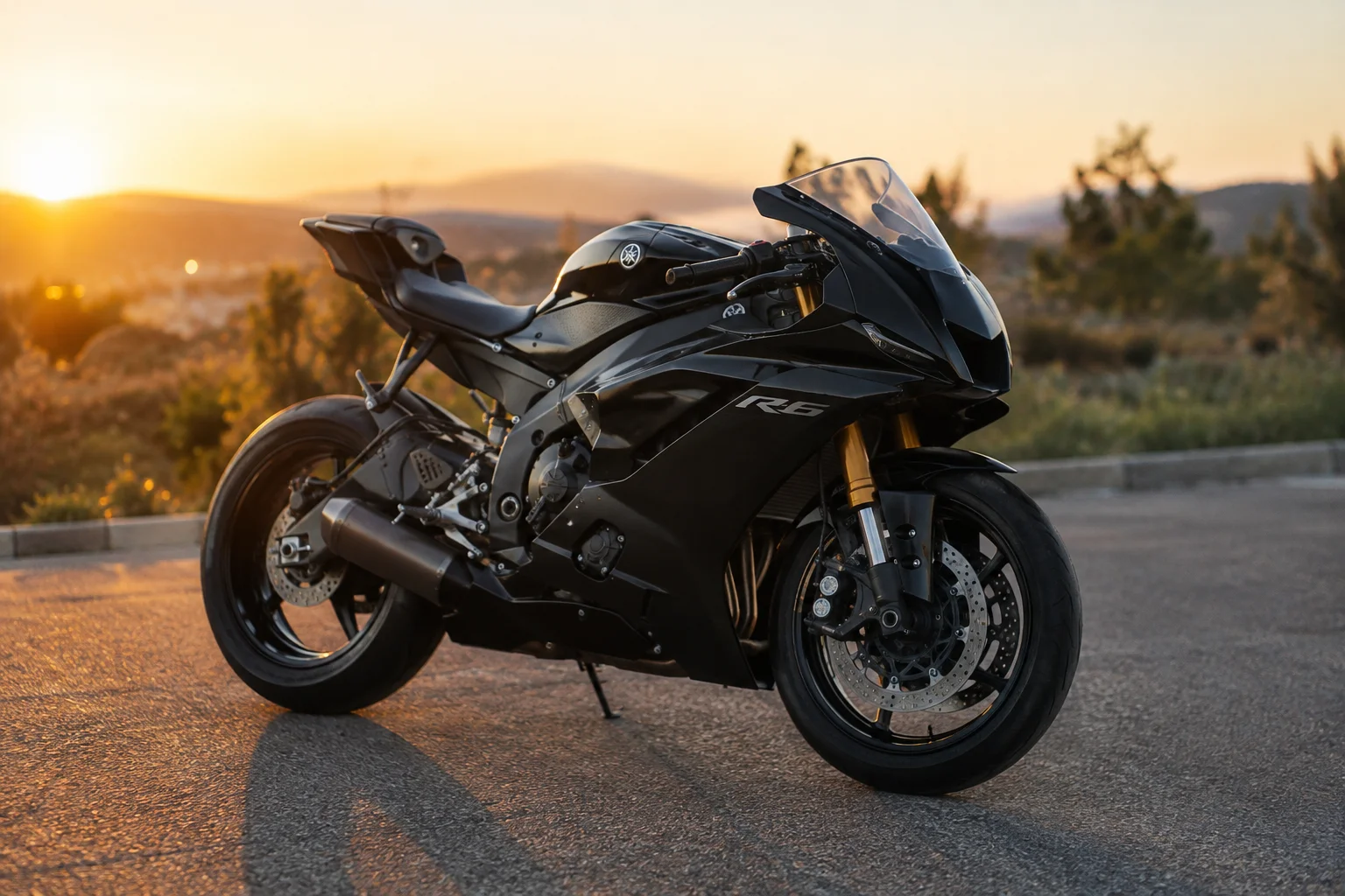 Sportbike on open road at golden hour