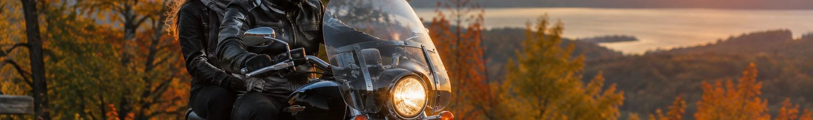 Rider and passenger on a cruiser motorcycle at sunset