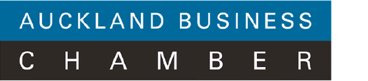 Logo with text Auckland Business Chamber in white on blue and black backgrounds.