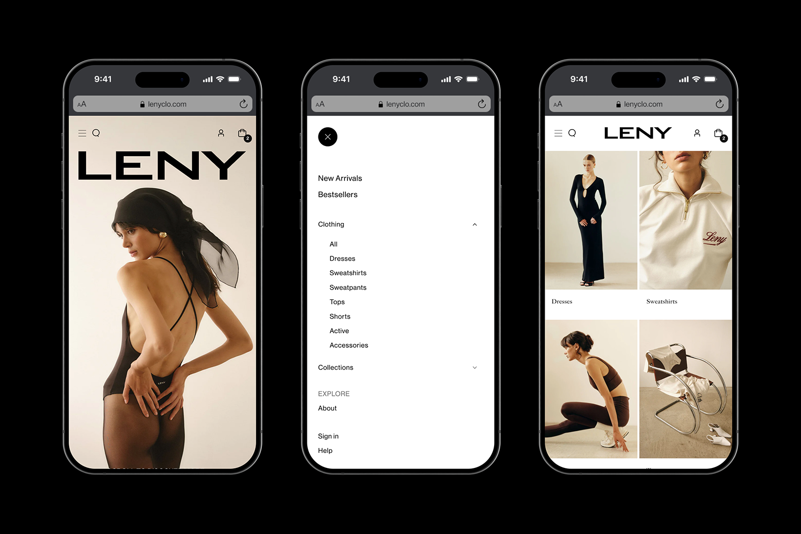 LENY website on mobile: homepage, menu and collection screens