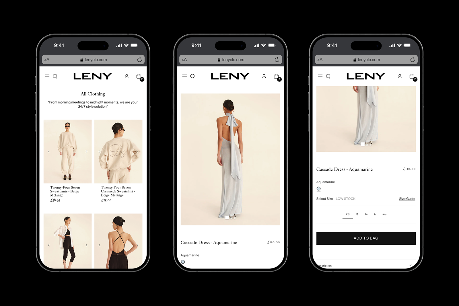 LENY website on mobile: collection, product page and size selection