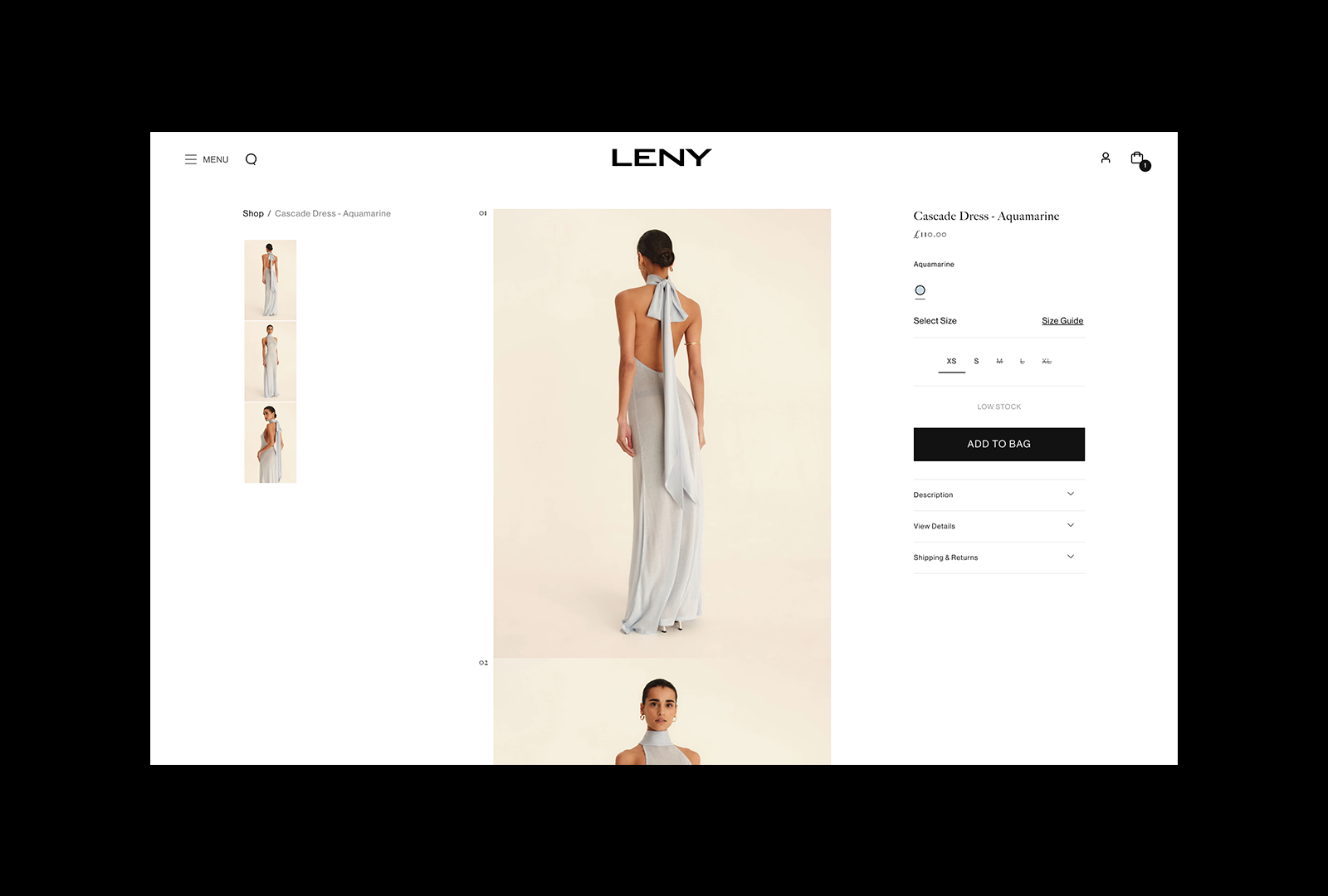 LENY product page on desktop with a backless dress