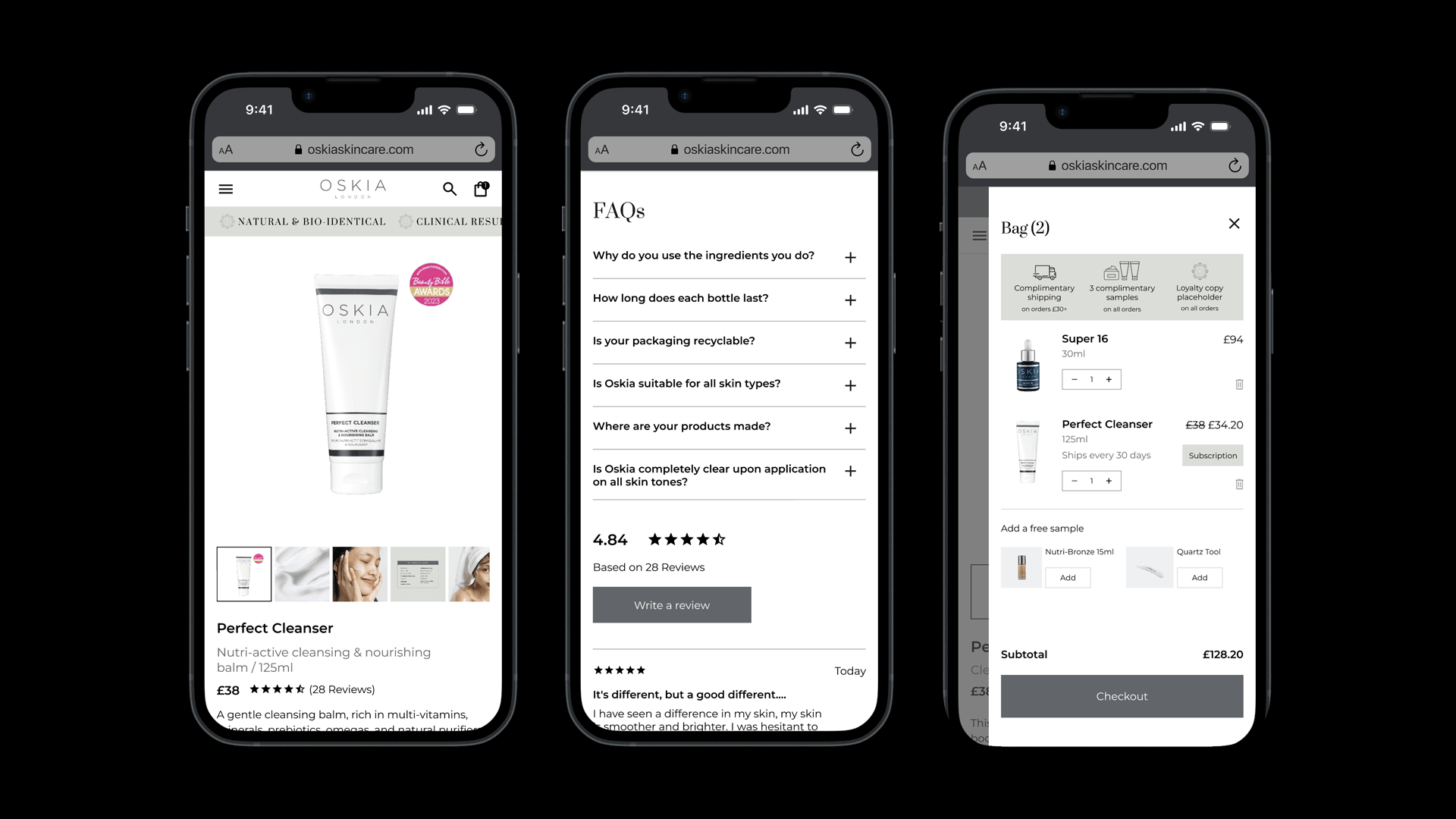 OSKIA website on mobile: product details and search screens