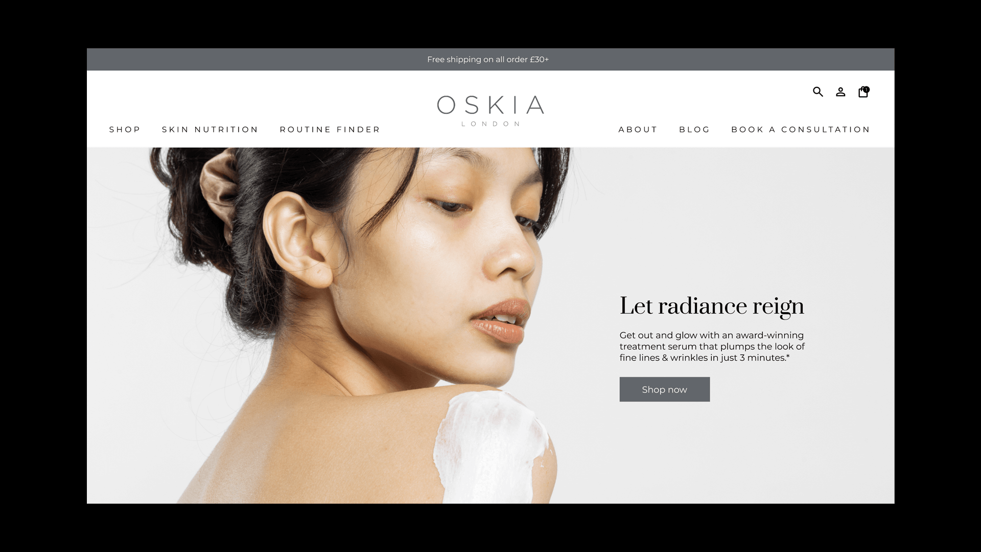 OSKIA homepage on desktop with a skincare campaign hero