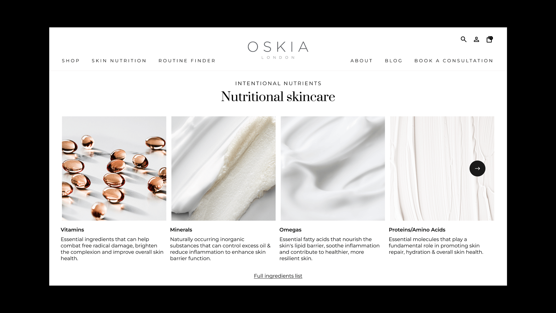 OSKIA 'Nutritional skincare' landing page on desktop