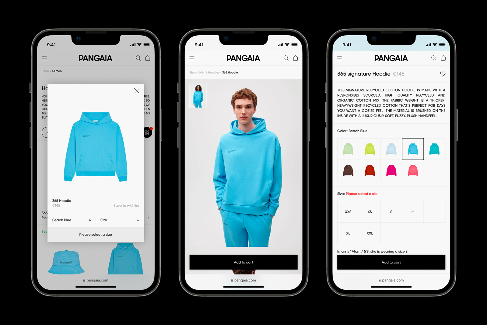 PANGAIA on mobile: product page for a blue hoodie with colour options