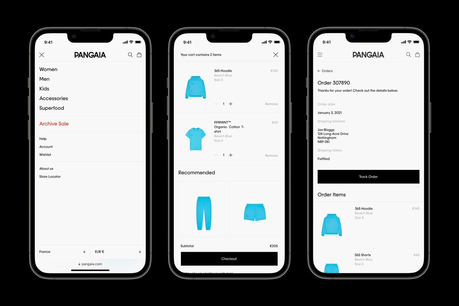 PANGAIA on mobile: menu, product and cart screens