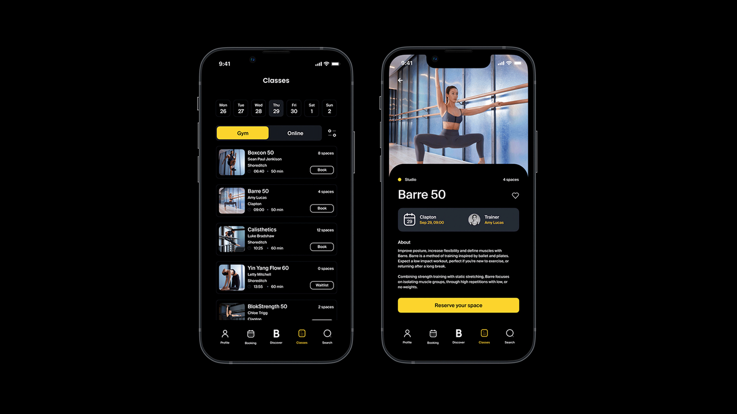 Blok fitness app on two phones: class schedule and class booking screens
