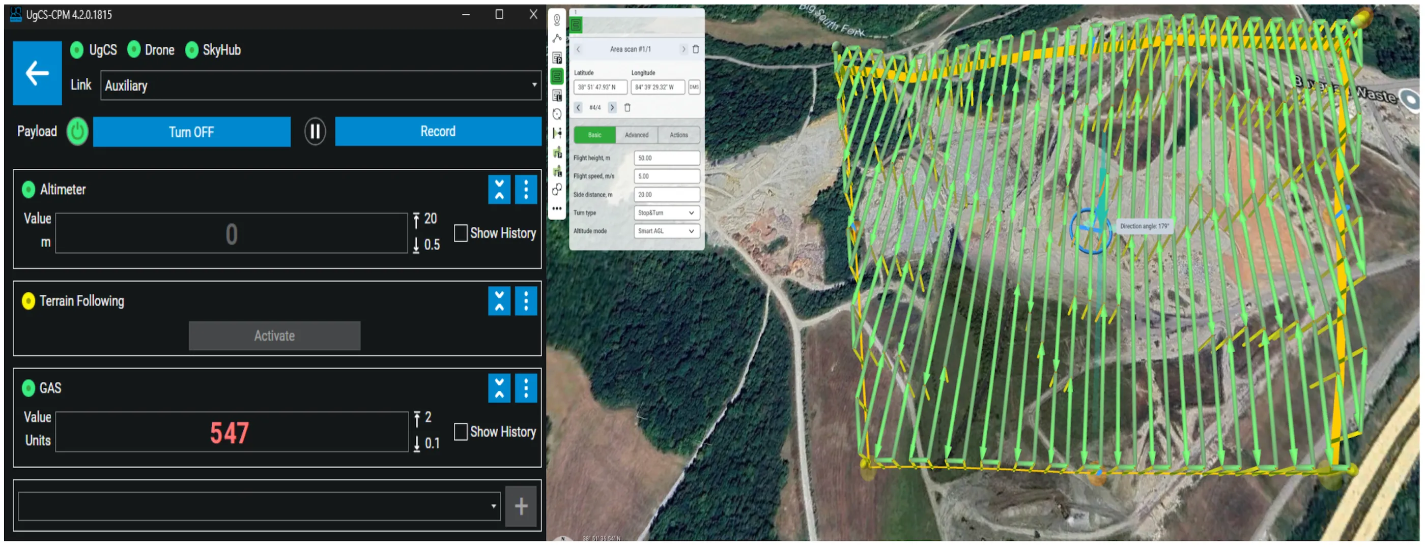 The methane detection drone operator sees online data in UgCS during the flight and can pinpoint the leak location on the map immediately