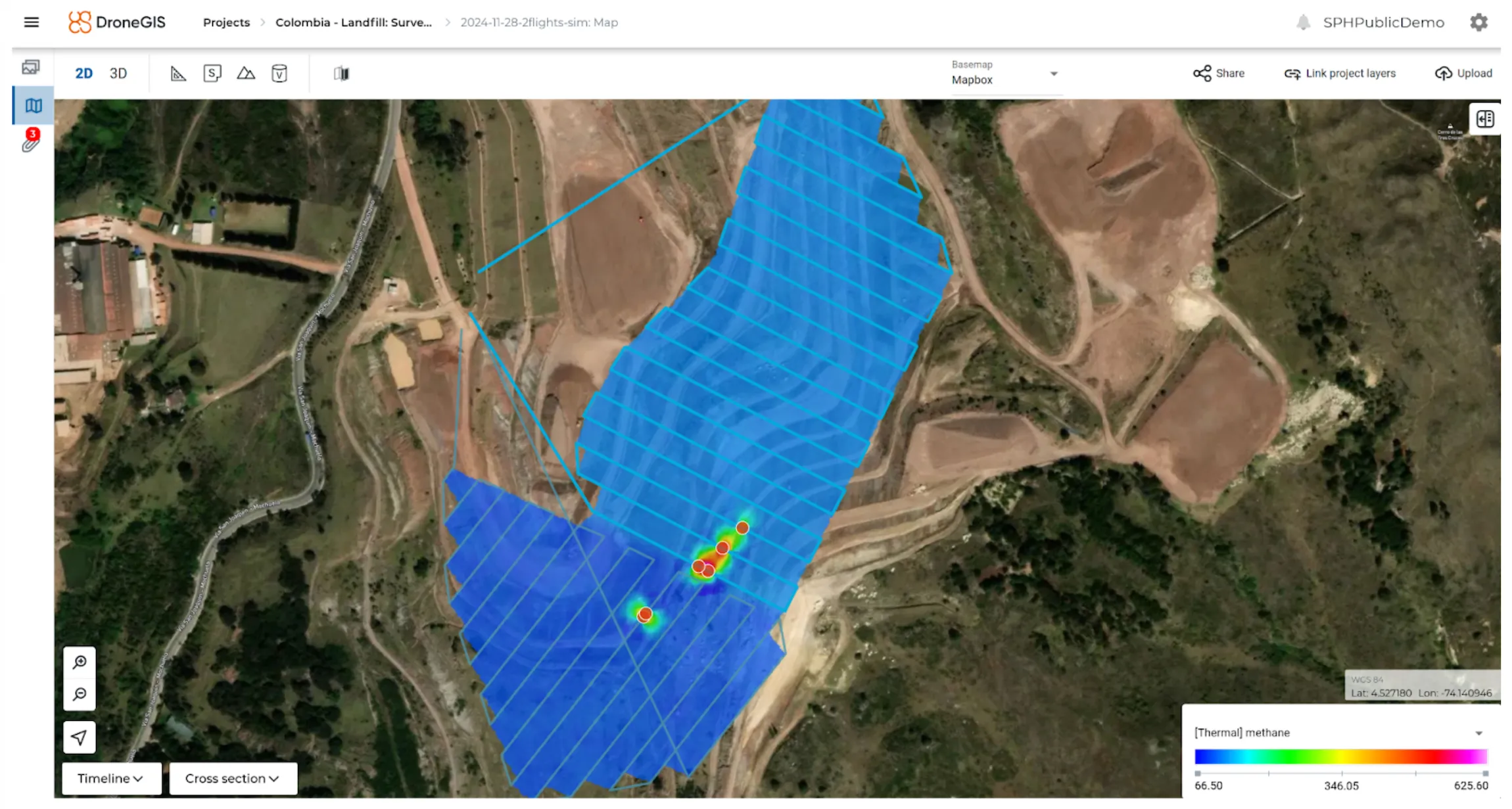 DroneGIS software offers a fully automatic data processing workflow with survey line extraction, noise cleaning and emission map generation. 