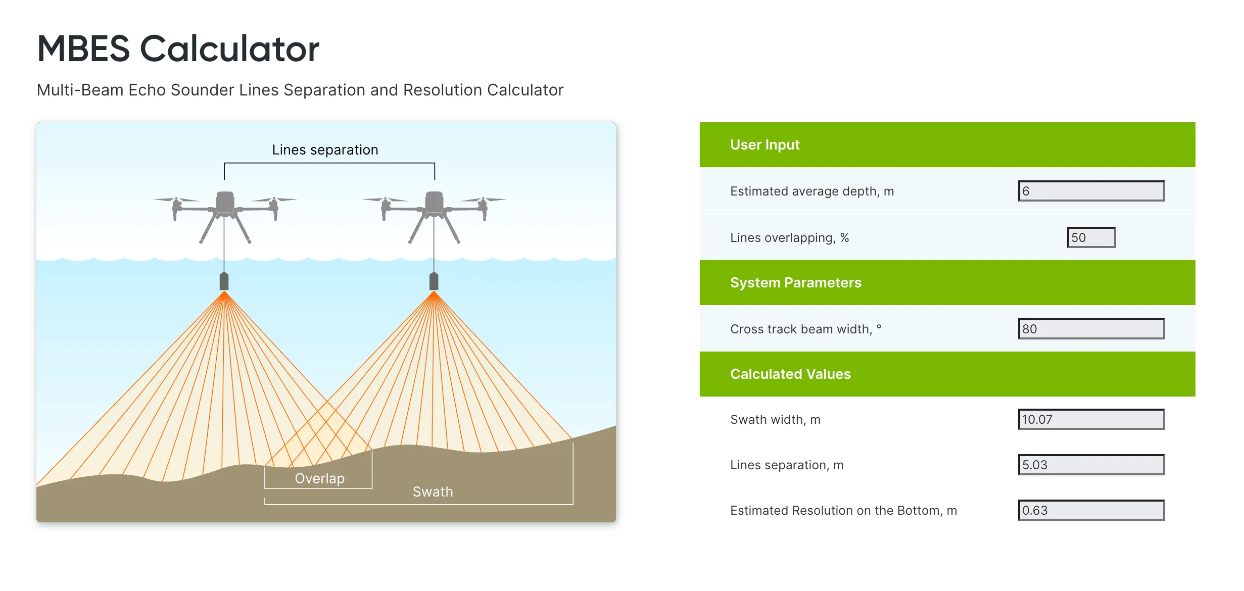 The MBES Calculator provides is a practical tool for optimizing survey productivity, ensuring data consistency, and improving mission planning for UAV-based bathymetric operations.