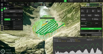 Drone equipped with ground-penetrating radar flying over a snow-covered glacier