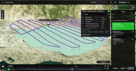 Drone equipped with ground-penetrating radar flying over a snow-covered glacier