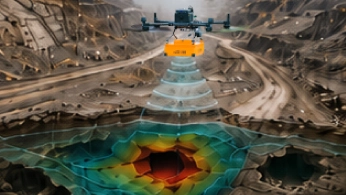 Drone equipped with ground-penetrating radar flying over a snow-covered glacier