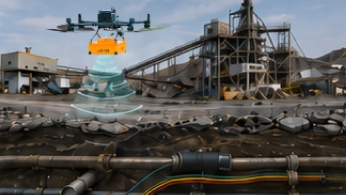 Drone flying over a mining site during a geophysical survey for mineral exploration