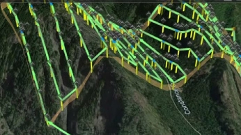 Drone equipped with ground-penetrating radar flying over a snow-covered glacier