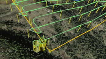 Drone flying over a mining site during a geophysical survey for mineral exploration