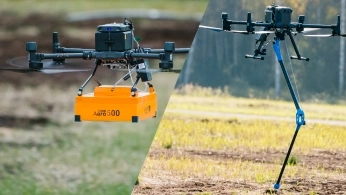 Drone flying over a mining site during a geophysical survey for mineral exploration