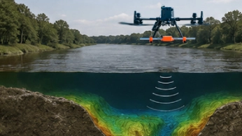 Drone carrying a magnetometer sensor surveying an archaeological site