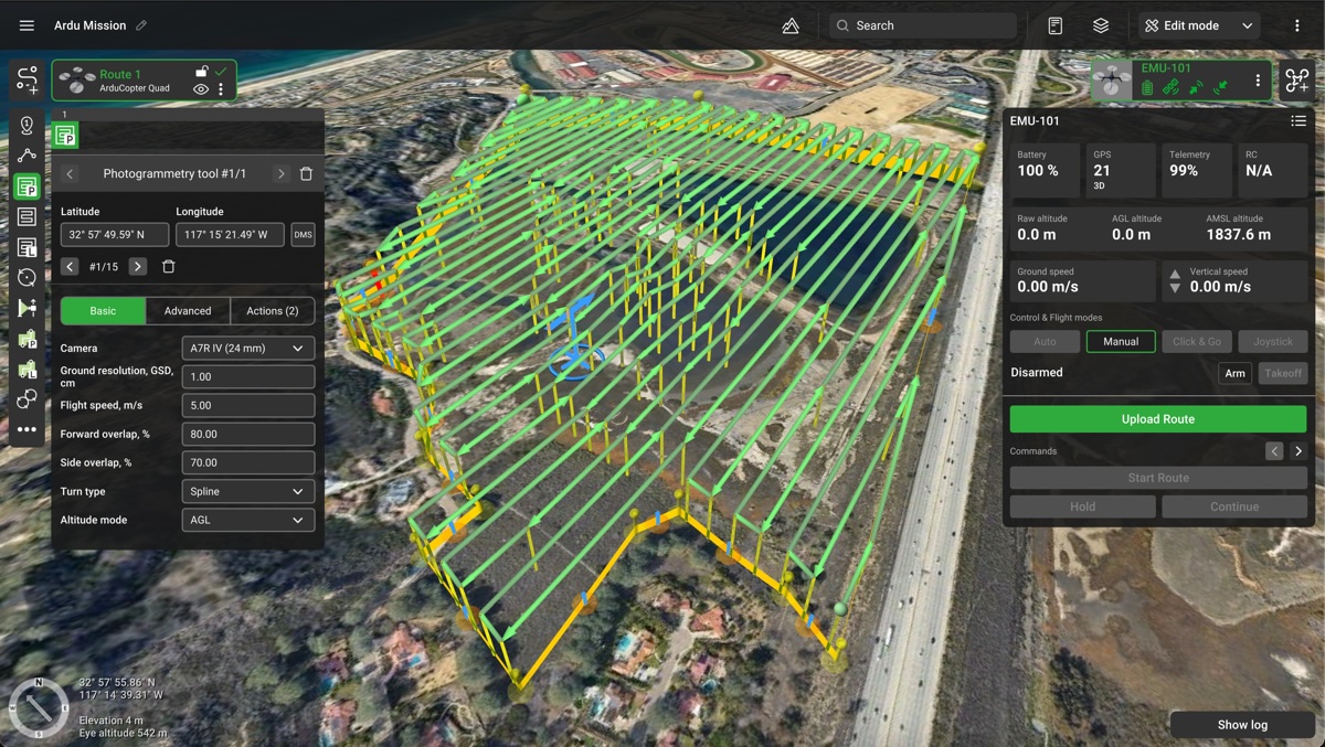 The route for the drone based on Ardupilot planned in UgCS drone flight planning software