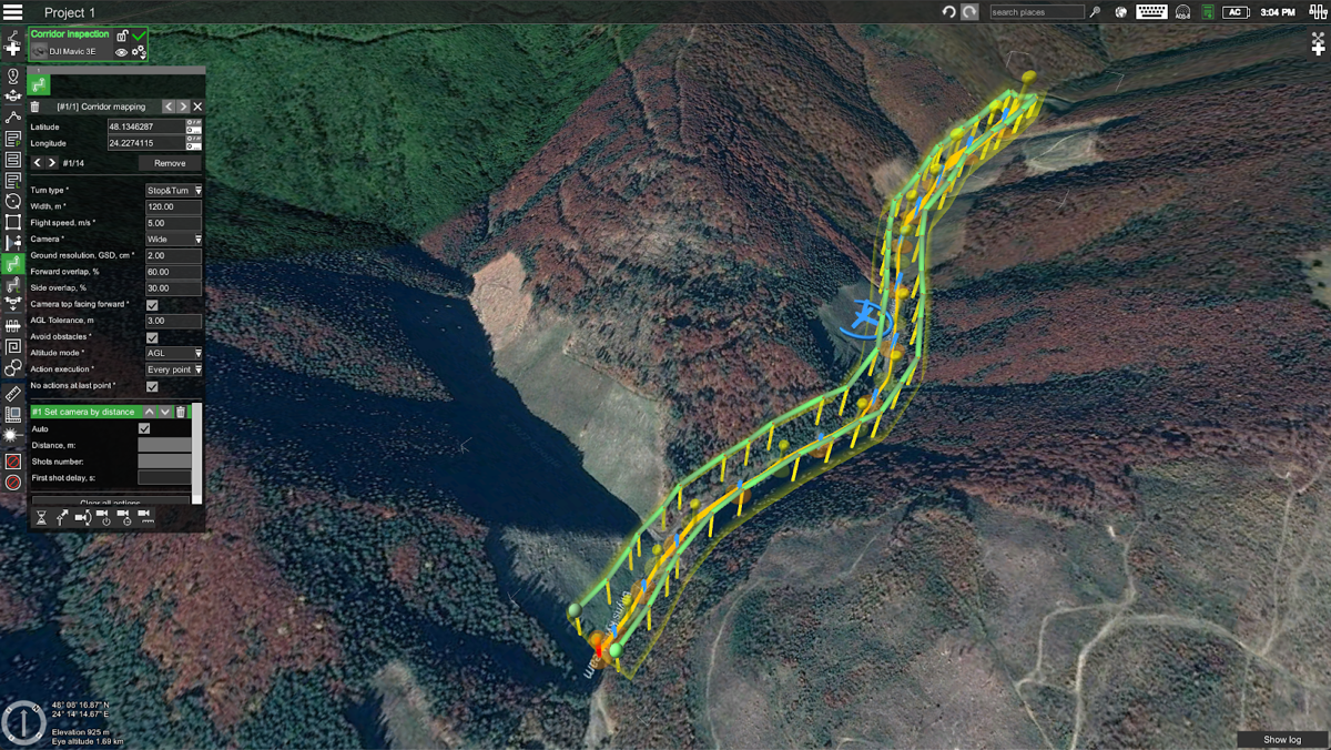 UgCS flight planning software with corridor inspection mission planned.