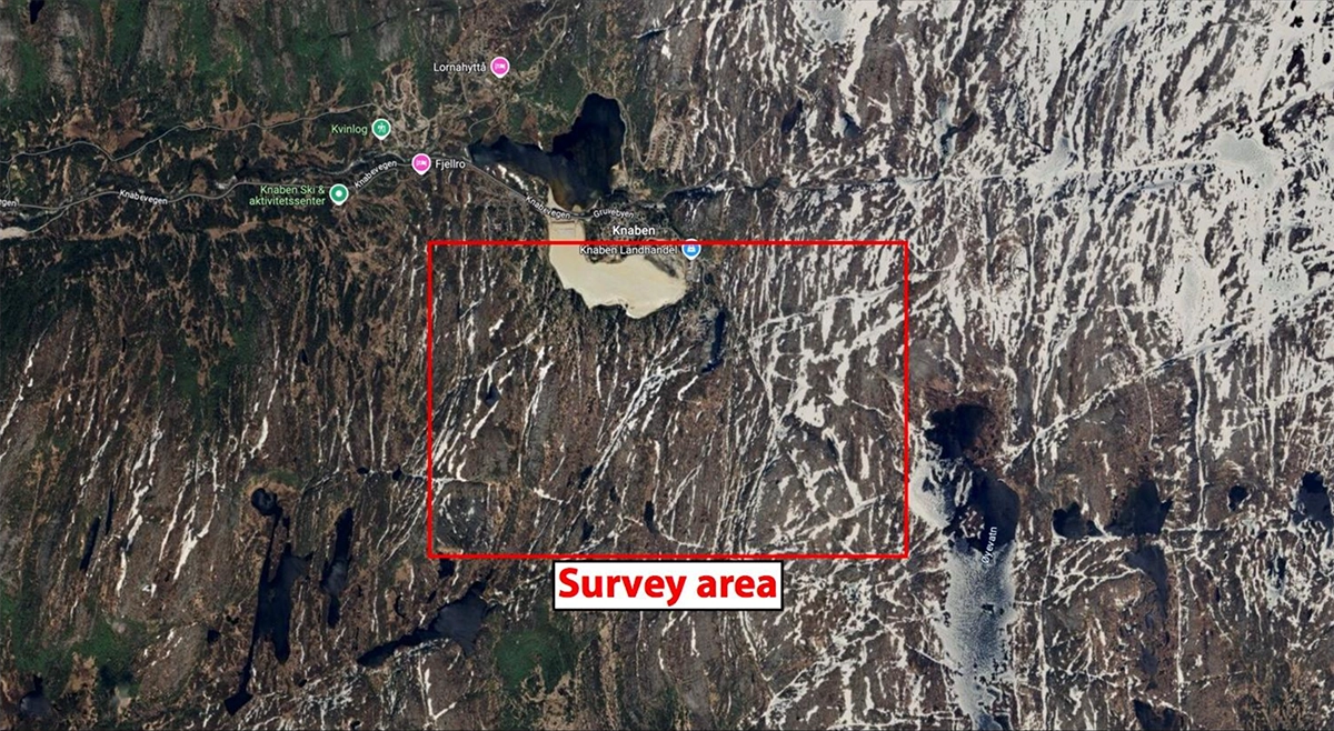 Survey location south of Knaben, Norway showing area flown by DJI M300 for aeromagnetic mapping
