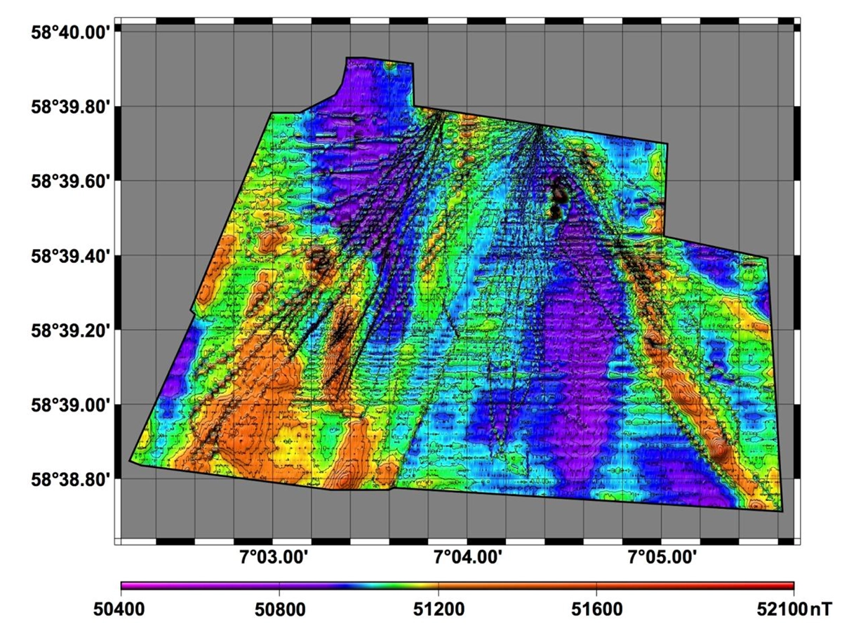 drone aeromagnetic maps (before processing) of the three survey areas. The elongated lines correspond to the transits between the take-off point and the survey areas, both at the beginning and end of each flight.