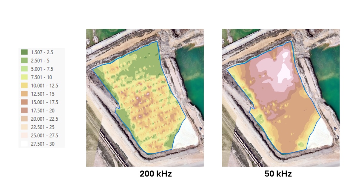 Image of bathymetric maps from Texas quarry survey comparing 200 kHz signal reflecting suspended sediment with 50 kHz signal revealing consolidated pond bottom