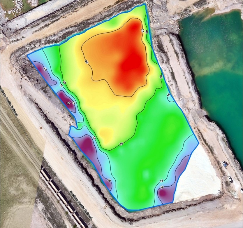 Image of final bathymetric depth model from Texas quarry survey using 50 kHz data, showing maximum pond depth of thirty feet in the northeastern area